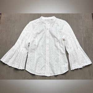 Vintage Liz Claiborne Eyelet Blouse White Cotton Bell Sleeve Cottagecore Small